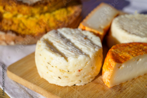 Variety of goat, sheep, cow cheeses made with paprika, herbs served with bread in Portugal