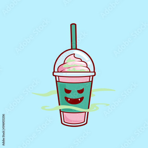 evil vampire strawberry smoothies milkshake juice with ice cream topping illustration vector cartoon character. brain freeze strawberry milkshake