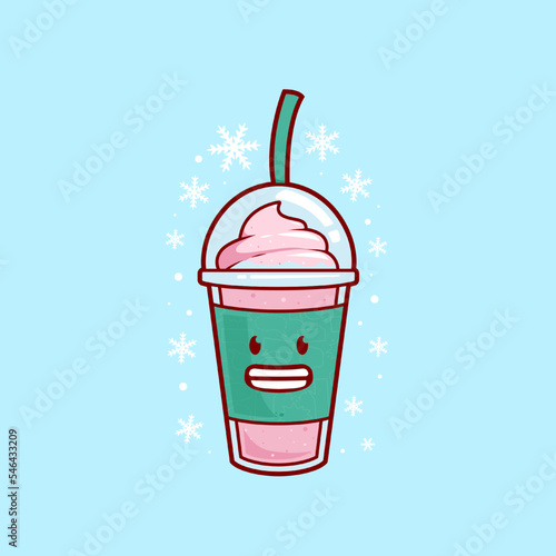 frozen cold strawberry smoothies milkshake juice with ice cream topping illustration vector cartoon character. brain freeze strawberry milkshake