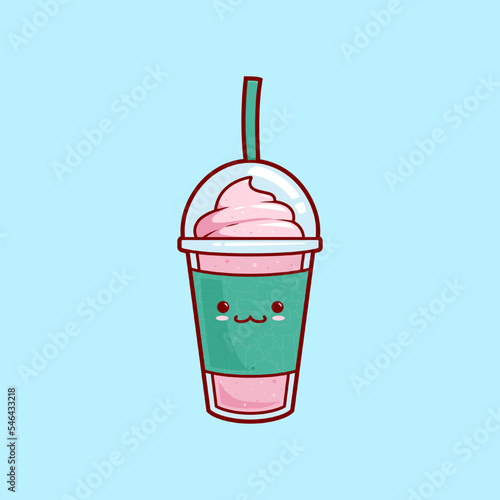 kawaii cute strawberry smoothies milkshake juice with ice cream topping illustration vector cartoon character