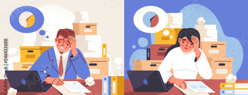 Emotional burnout and employee fatigue concept. Sad and tired man and woman office workers with headache. Overloaded characters busy with lot of paperwork. Cartoon flat vector illustration collection