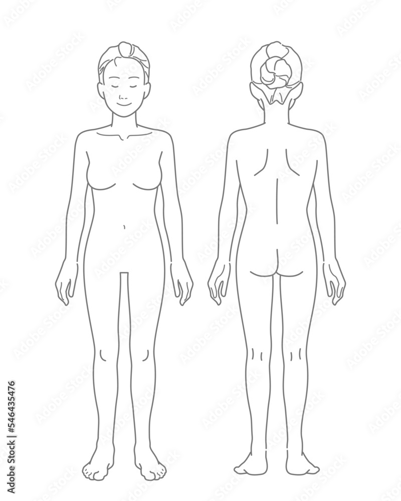 標準体型の女性の全身図(裸体・髪の毛あり・前面背面セット) 標準体型の女性の全身図(裸体・髪の毛あり・前面背面セット)