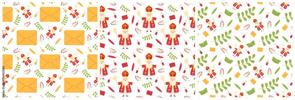 Set of Saint Nicholas Day or Sinterklaas Seamless Pattern with Gift Box and Winter Template Background Hand Drawn Cartoon Flat Illustration Set of Saint Nicholas Day or Sinterklaas Seamless Pattern with Gift Box and Winter Template Background Hand Drawn Cartoon Flat Illustration