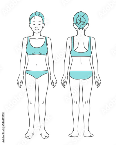 女性の全身図（下着着用・髪の毛あり・前面背面セット）