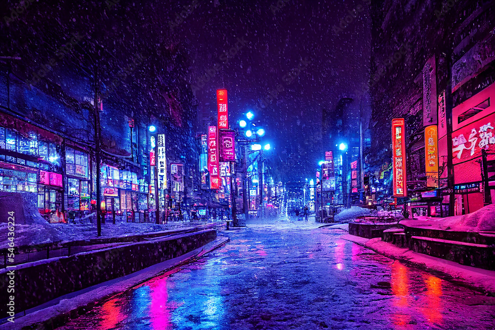 colorful Nighttime cyberpunk city illustration. A night of the neon street  at the downtown wallpaper. Stock Illustration