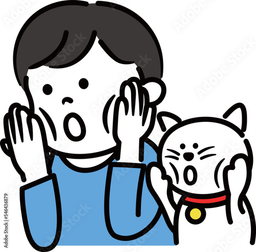 驚いている男の子とペットの猫のイラスト素材