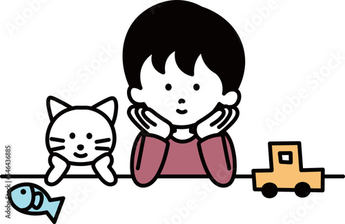 男の子と白猫が仲良く座っている上半身のイラスト素材