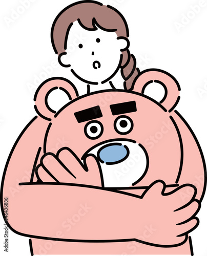 熊の着ぐるみの頭を外して考えている女性のイラスト素材