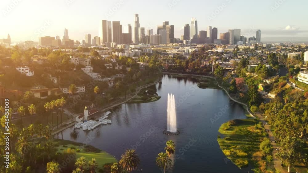 Aerial shot of flying over Echo Park Lake towards downtown Los Angeles in the morning Aerial shot of flying over Echo Park Lake towards downtown Los Angeles in the morning
