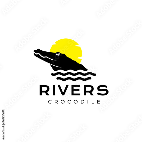 head crocodile river with sunset modern logo design
