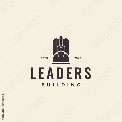 building with contractor helmet hipster logo design