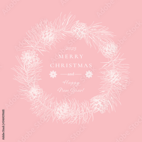 Christmas holiday wreath with pine branches and cones.Vector illustration. Pink  and white background. Sketch.
