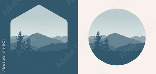 Landscapes with mountain tops and trees, hills.