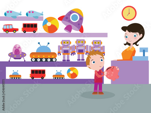 Children vector concept: Little son buying toys with money on his piggy bank while woman seller standing in the shop