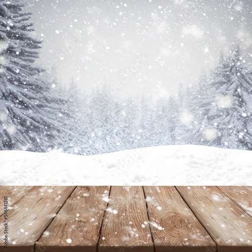 Wooden table with snow texture background for Christmas and winter holidays 