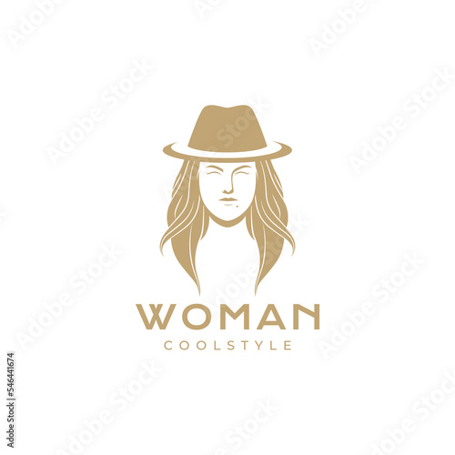 cool woman long hair with hat modern logo design vector