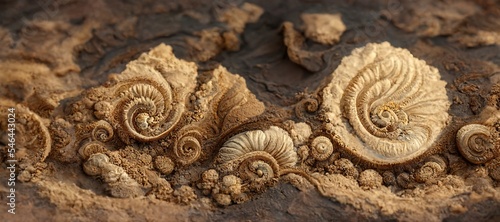 Abstract rock formations and curved dune layers with detailed sandstone surface ammonite fossil texture patterns - macro closeup background resource. photo