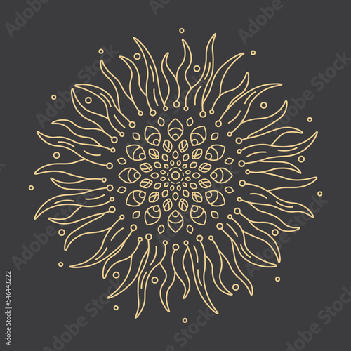 Abstract gold sun that looks like a sunflower vector illustration for tattoo, print design, decoration. Drawing in trendy minimal thin line style isolated on dark background. 