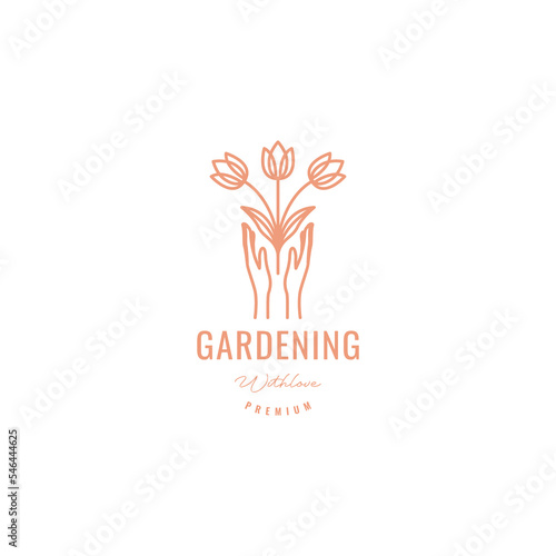 aesthetic hands hope flowers gardening line logo design vector