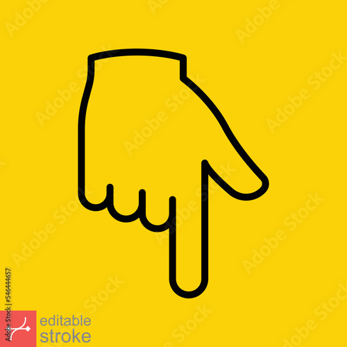 Backhand index pointing down icon. Simple outline style. Hand, down, arrow, finger concept. Thin line vector illustration isolated on yellow background. Editable stroke EPS 10.