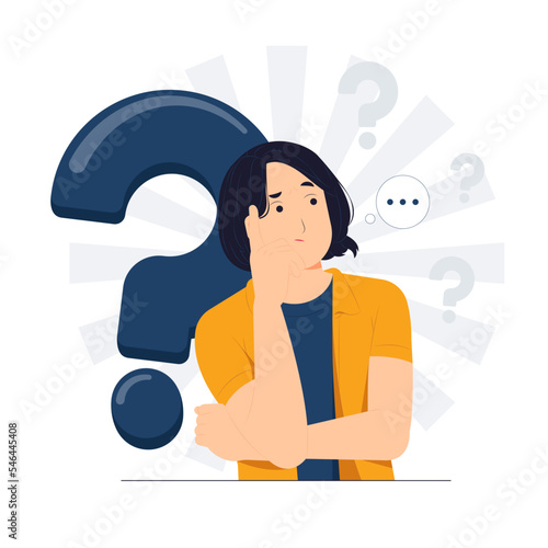 Woman with thoughtful focused expression thinking, questioned, curiosity, and feeling confused concept illustration