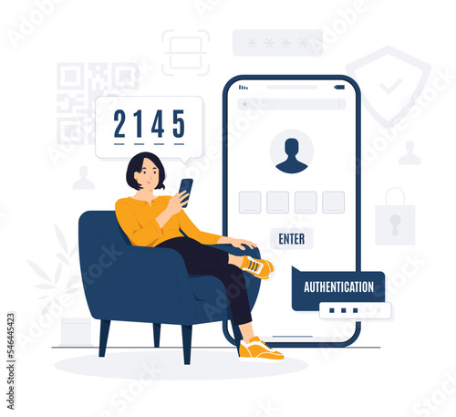OTP 2fa authentication password secure, notice login verification with push code concept illustration