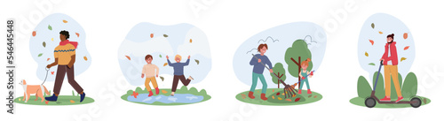 Set of Characters Walk at Autumn Day. Man Driving Electric Scooters in Park, People Walking dog, Family cleaning leaves, Kids Jump on Puddles, Happy Outdoors Activities. Cartoon Vector Illustration
