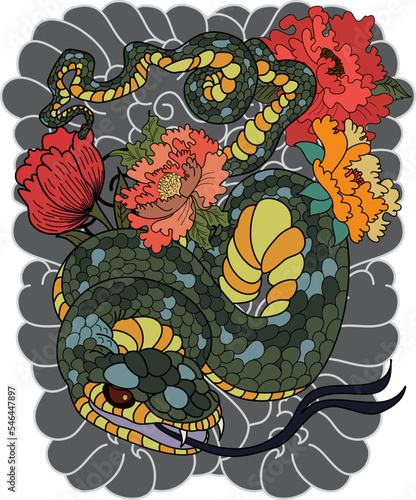 snake cobra tattoo style.Hand drawn Cobra with flower and cloud vector isolate on white background. king Cobra snake with mouth open.Snake cobra illustration.