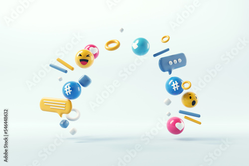 Empty background surrounded with social media icon for product design, 3d render.