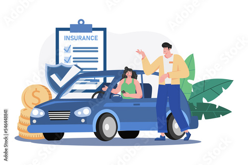 Beautiful Young Woman In A Red Car Is Talking To A Car Insurance Salesman © freeslab