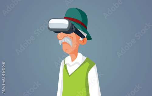 Elderly Man Wearing VR Glasses Experiencing Virtual Reality. Funny grandpa enjoying modern entertainment 3d experience
