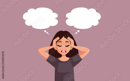 Exhausted Woman with Multiple Thinking Bubbles. Feeling Overwhelmed Vector Illustration

Stressed girl feeling confused trying to decide and plan
