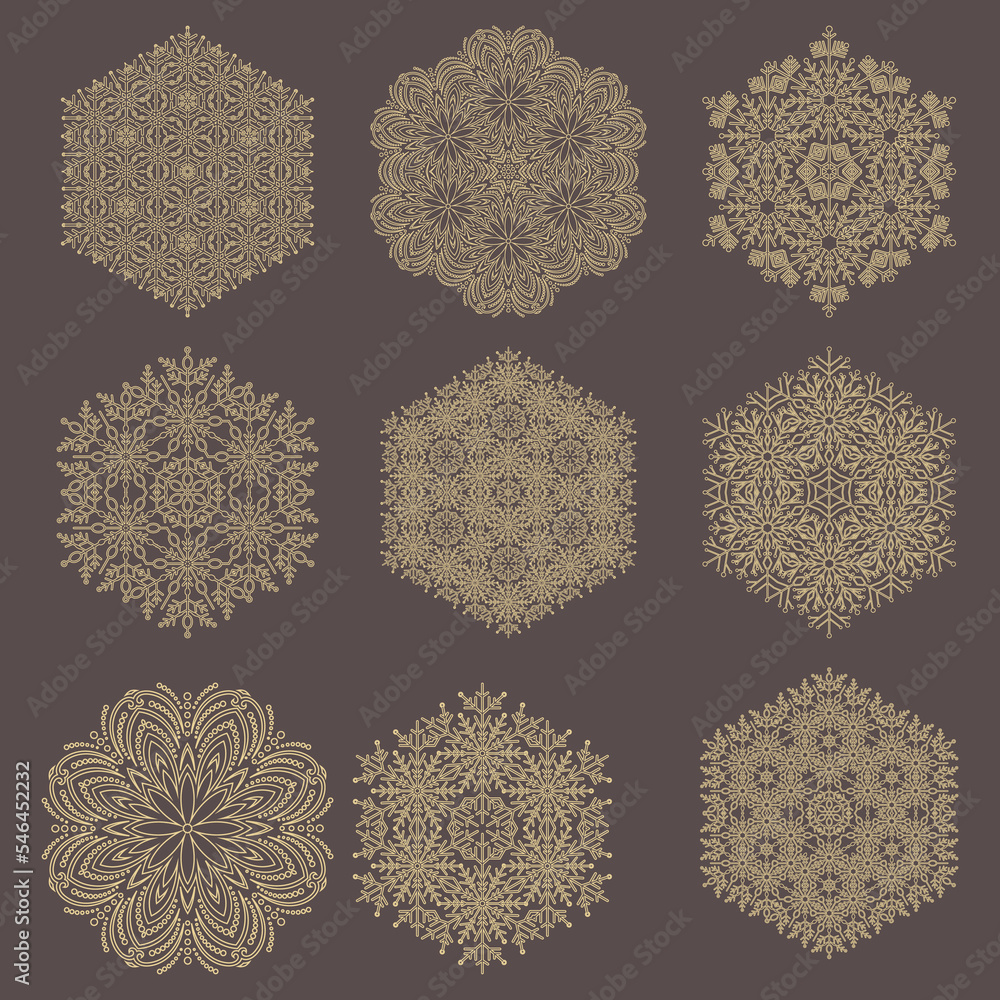 Set of vector snowflakes. Collection of winter ornaments. Snowflakes collection. Brown and yellow snowflakes for backgrounds and designs Set of vector snowflakes. Collection of winter ornaments. Snowflakes collection. Brown and yellow snowflakes for backgrounds and designs