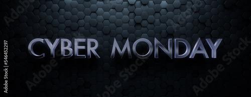 Hexagon Tile Background with Chrome Cyber Monday Words. Luxury 3D Promotional Banner with copy-space.