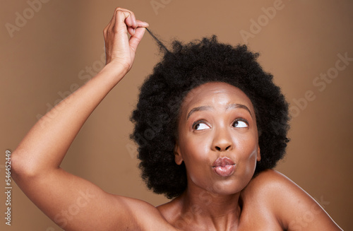 Black woman, afro and face for hair care health and beauty or curly hair wellness in studio. African girl, natural cosmetics hairstyle and fun face for salon curly haircut against brown background