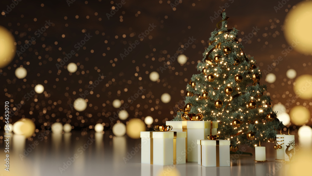 Christmas tree, white gift boxes, candles and golden lights on a brown background.