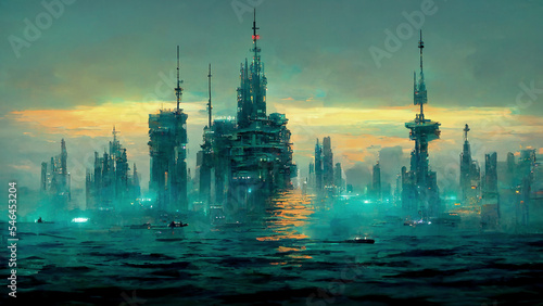 Cyberpunk, landscape, city, sea, background, digital illustration
