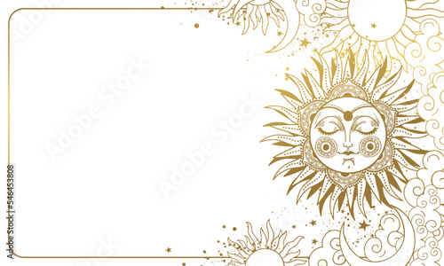 Magical astrological boho banner with copy space. Golden Sun with a rich ornament on a white background, space for text. Vector celestial illustration for tarot, zodiac, esoteric, yoga.