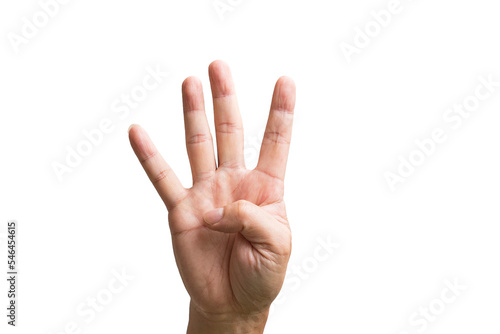 Hand showing four fingers. On white background. photo