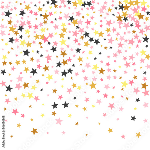 Festive black pink gold stars falling scatter illustration. Little starburst spangles holiday decoration particles. Baby shower stars falling pattern. Sparkle symbols greeting decor.