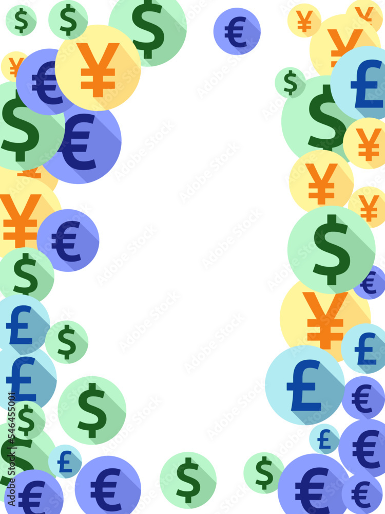 Euro dollar pound yen round symbols scatter currency vector design. Commerce pattern. Currency Euro dollar pound yen round symbols scatter currency vector design. Commerce pattern. Currency