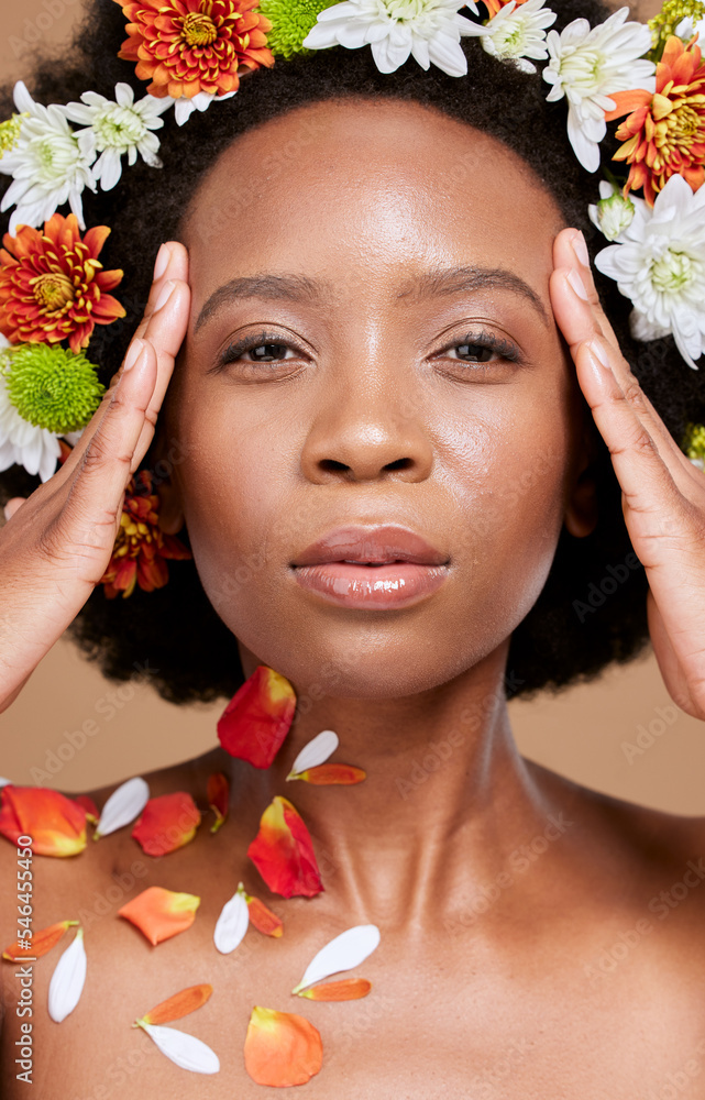 Flower crown and portrait of woman in studio for beauty skincare