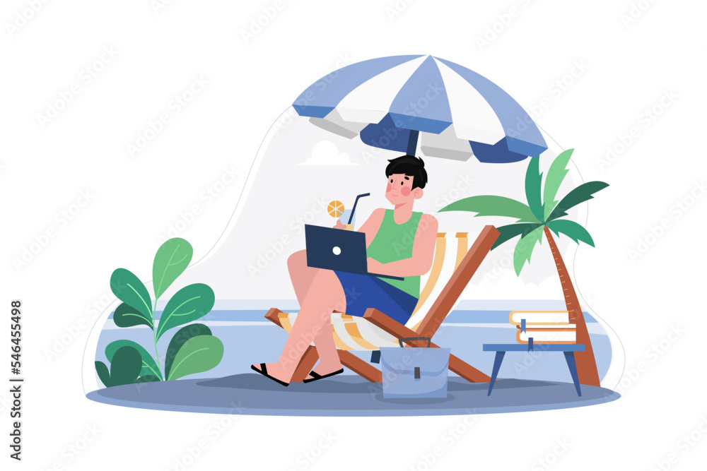 Freelancer Working On The Beach Illustration concept on white background Freelancer Working On The Beach Illustration concept on white background