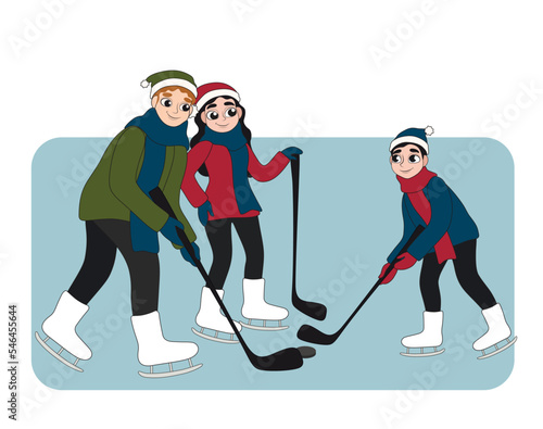 Happy family playing hokey on ice