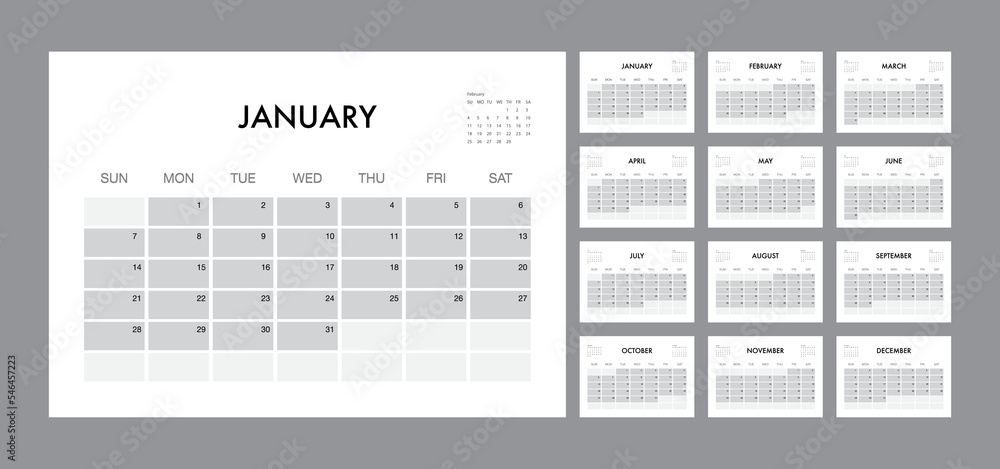 Calendar template for 2023 year. Planner diary in a minimalist style. Corporate and business calendar. 2023 calendar in minimal table and blue and yellow color event planner, Week Starts Sunday Calendar template for 2023 year. Planner diary in a minimalist style. Corporate and business calendar. 2023 calendar in minimal table and blue and yellow color event planner, Week Starts Sunday