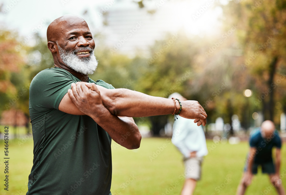 Portrait, stretching and active seniors at a park for training