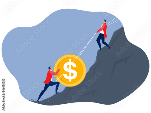 Businessman push icon dollar coin uphill on the mountain to the goal; Growth; income; savings; investment. Symbol of wealth of success. illustration cartoon vector