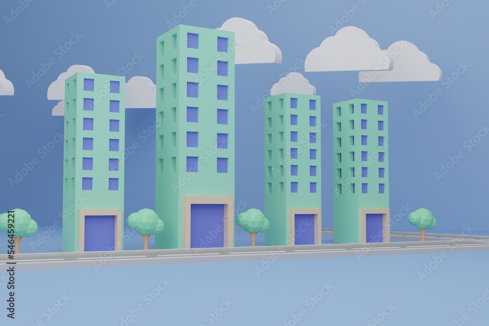 3D render city buildings, trees and city streets in pastel green and blue colors, copy space.