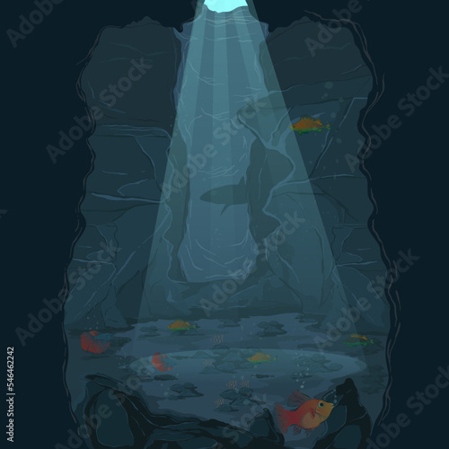 underwater cave with fishes aquascape
