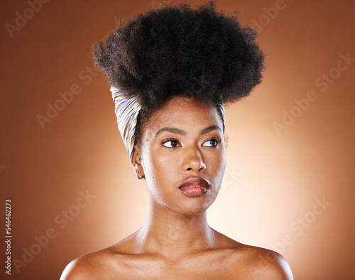Beauty, hair and afro with black woman and scarf for fashion, luxury and skincare wellness. Makeup, cosmetic and curly hair with girl model for self love, confidence and African in studio background